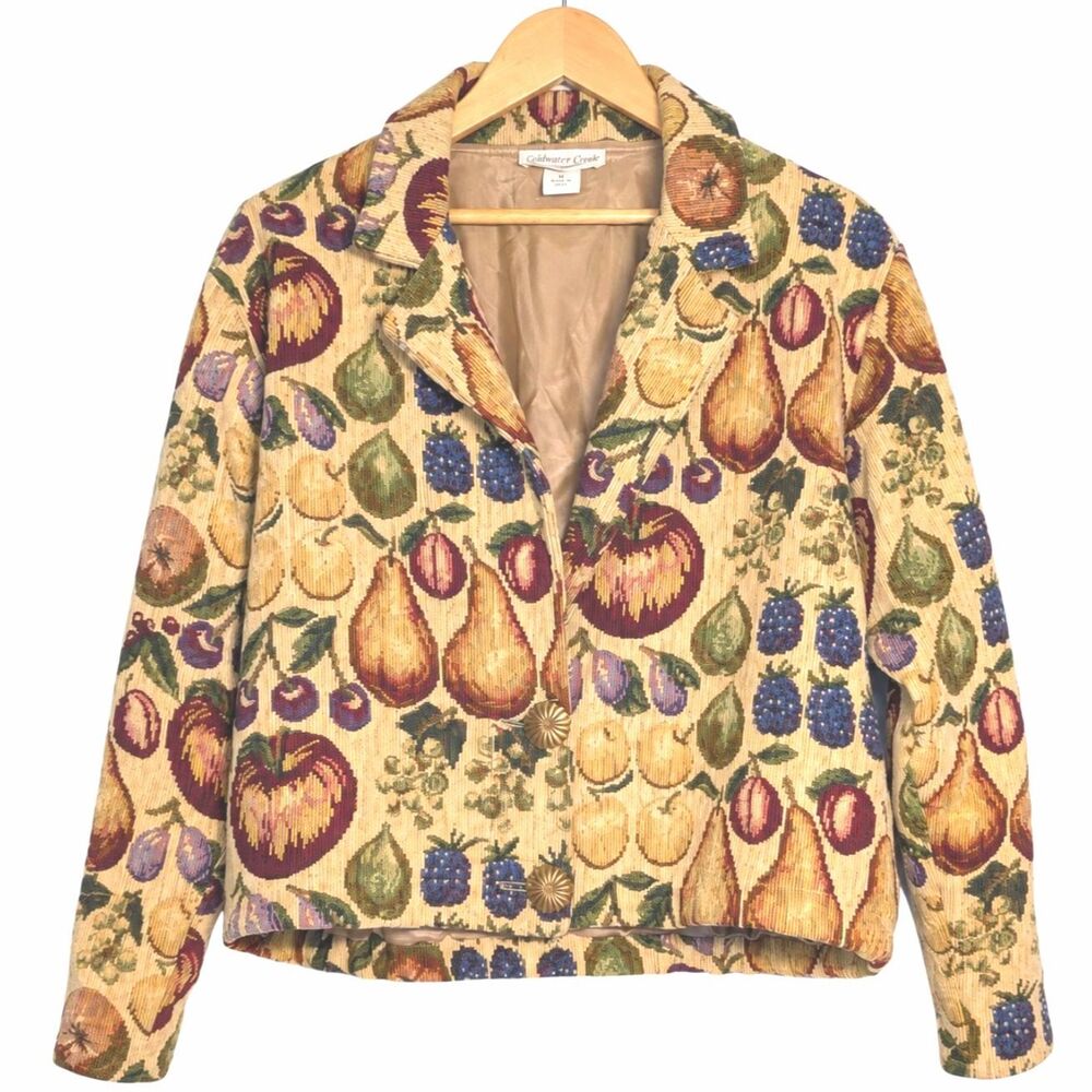 Vintage Nicole Marie Tapestry Fruit Jacket Cropped Art to Wear Floral XL